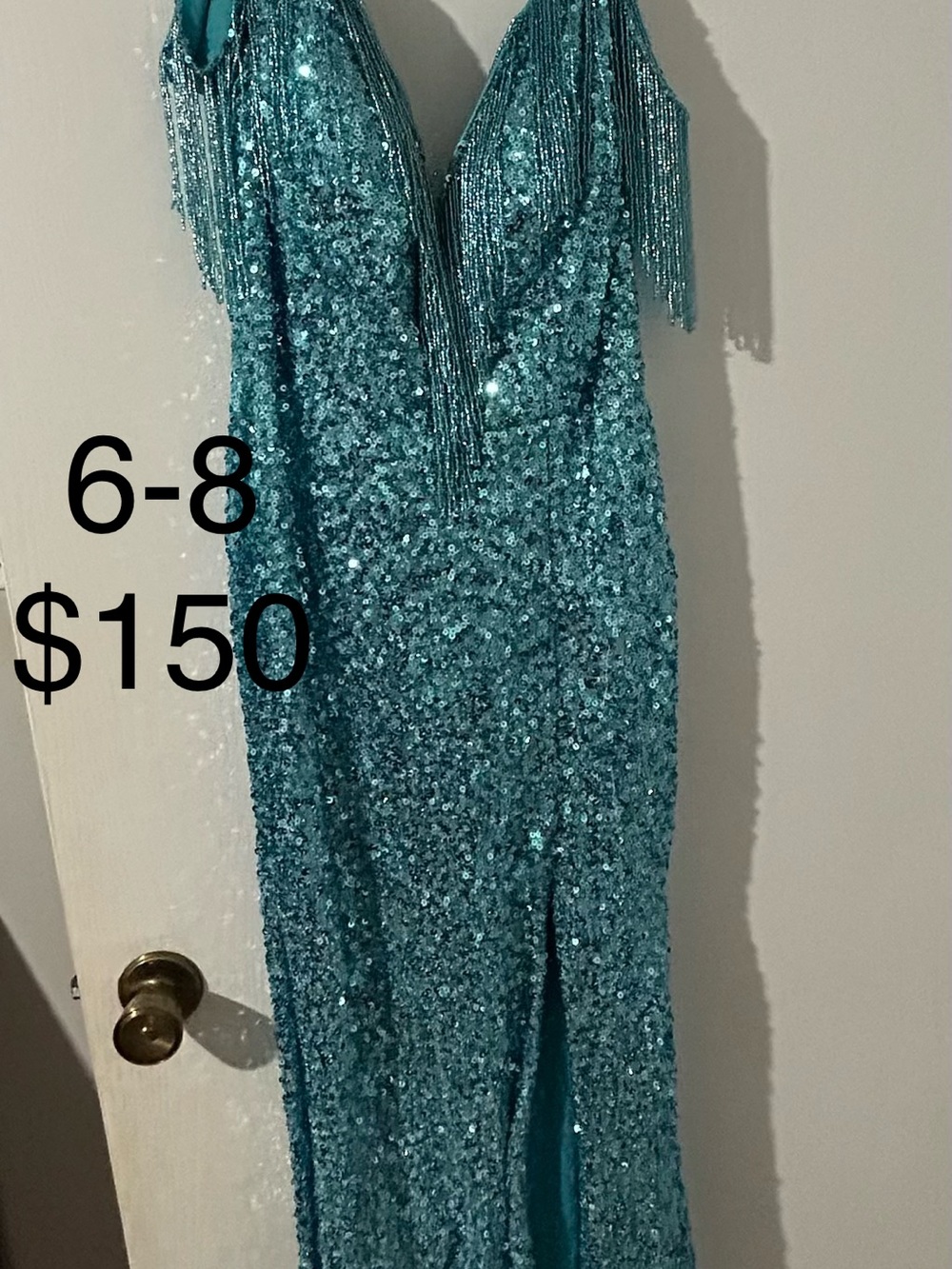 Teal Sequin Fringe Evening Gown - Women's Dress